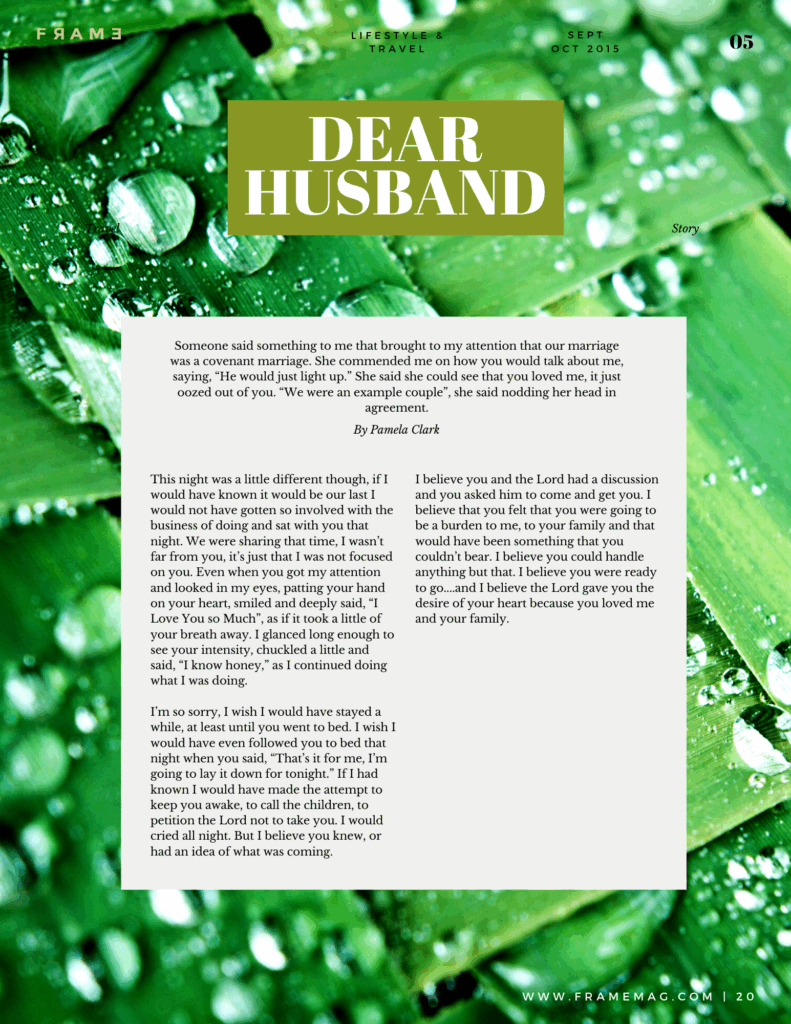 A Magazine-Style Article Page Titled “Dear Husband” Set Against a Close-up Background of Green Leaves
