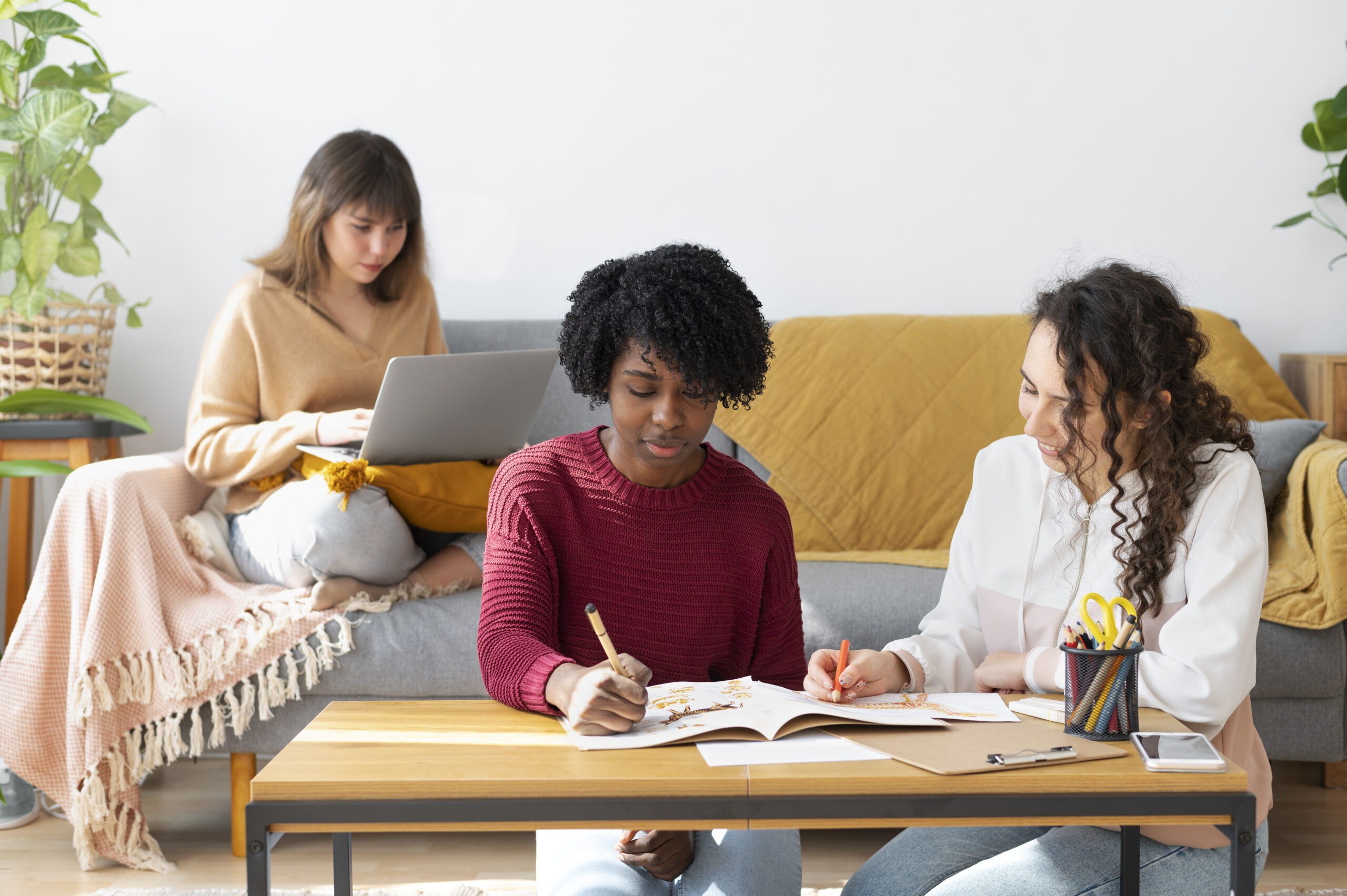 Three Women Spending Time Together in a Cozy Living Room