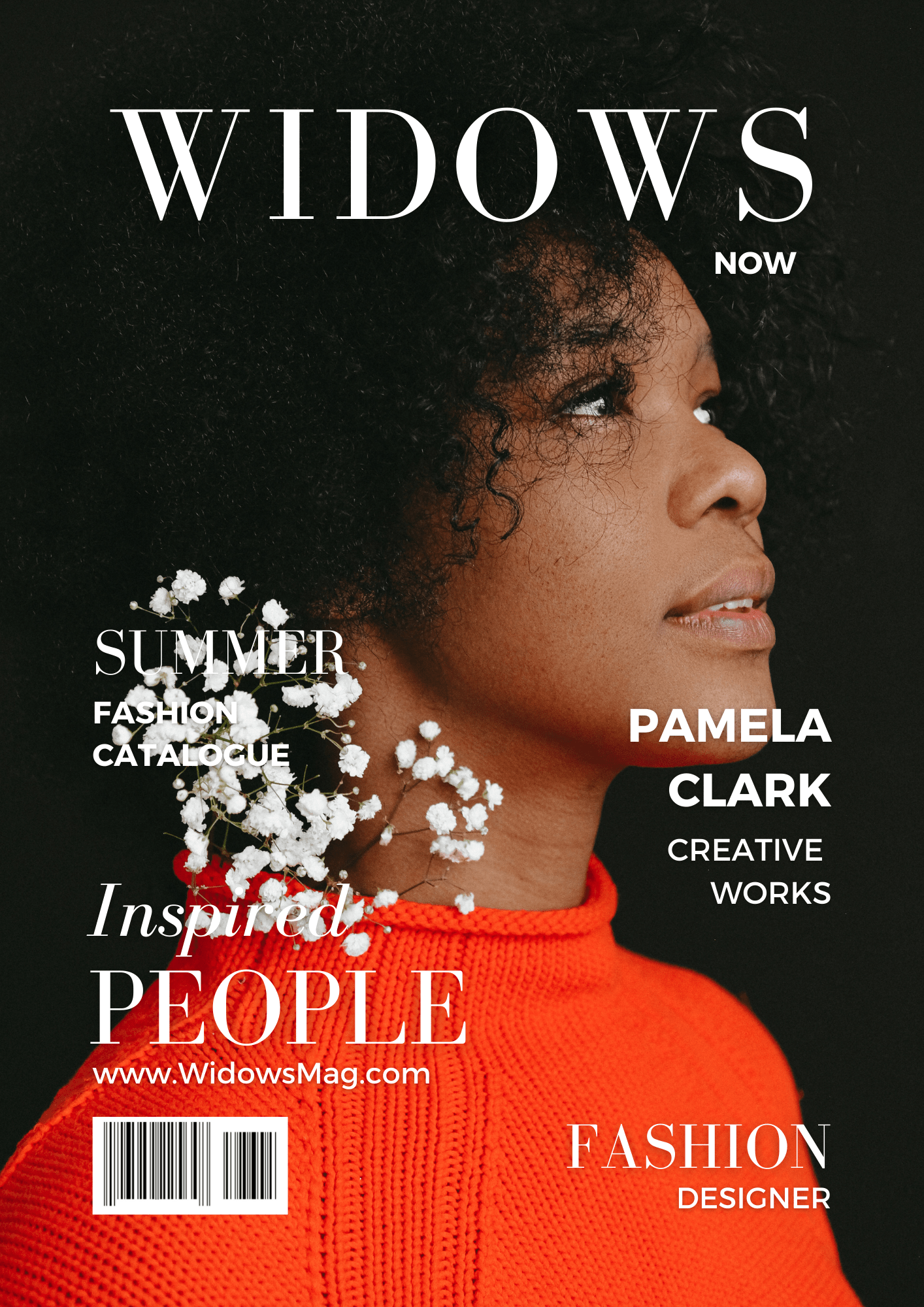 Fashion magazine cover featuring a woman with curly hair adorned with delicate white flowers, promoting summer fashion and highlighting fashion designer Pamela Clark.