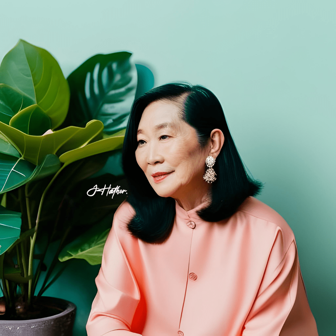 Elegant woman with long black hair poses in a pastel pink blouse beside lush green plants, set against a soft turquoise background.
