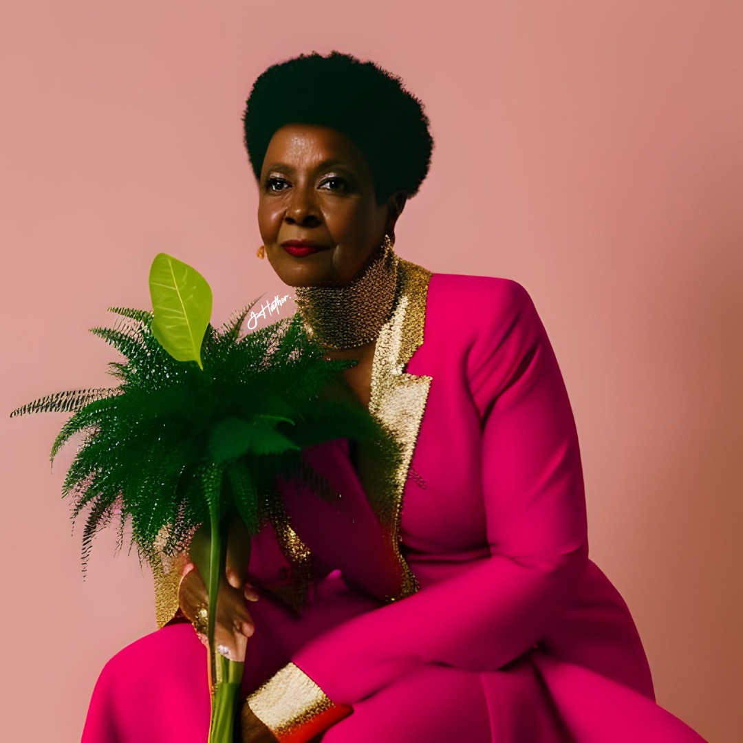 An elegant woman with natural hair poses against a pink background, wearing a vibrant pink suit with gold accents and holding a green plant.