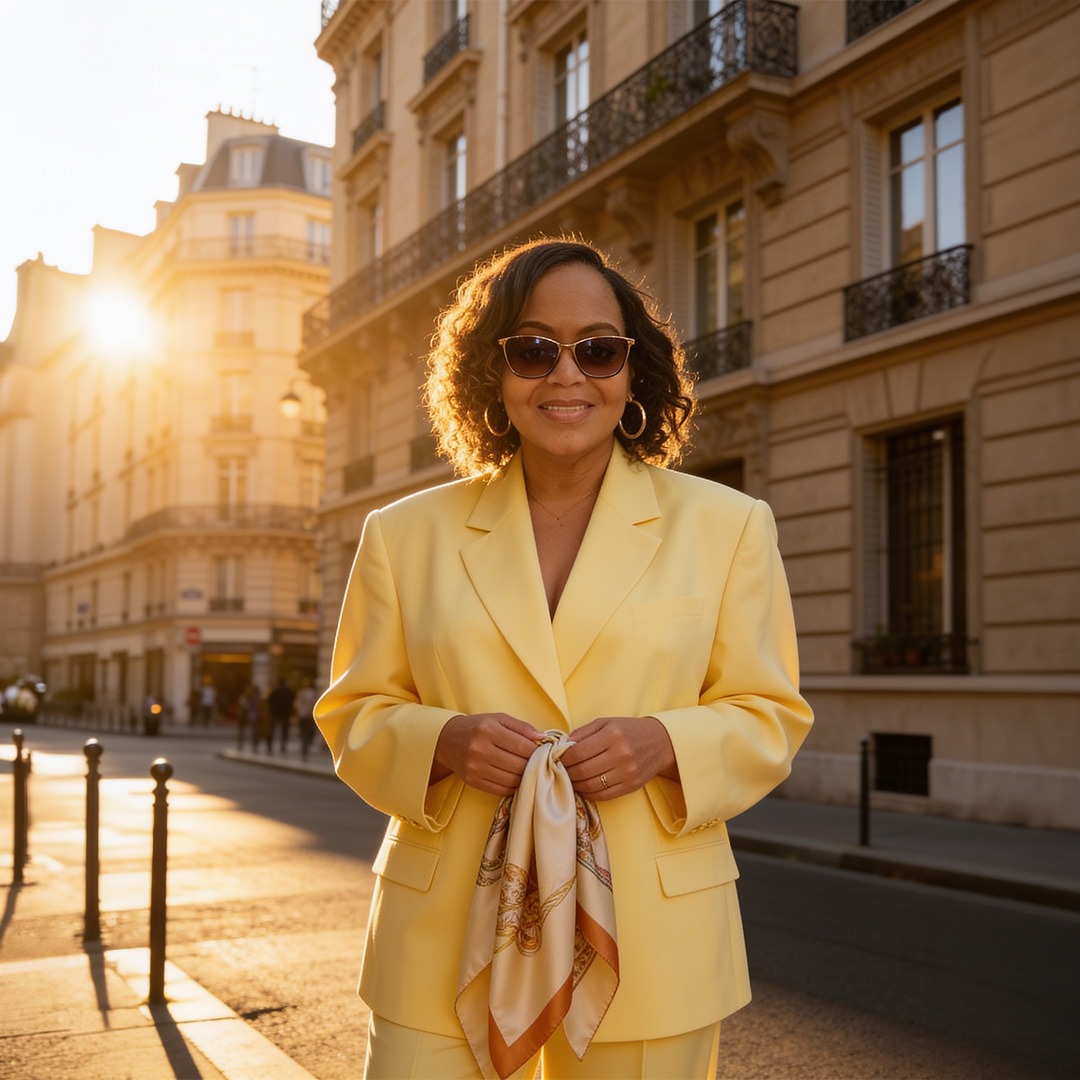 Woman in a bright yellow suit stands confidently in a sunlit Paris street, smiling and holding a silk scarf, embodying a chic, urban vibe.