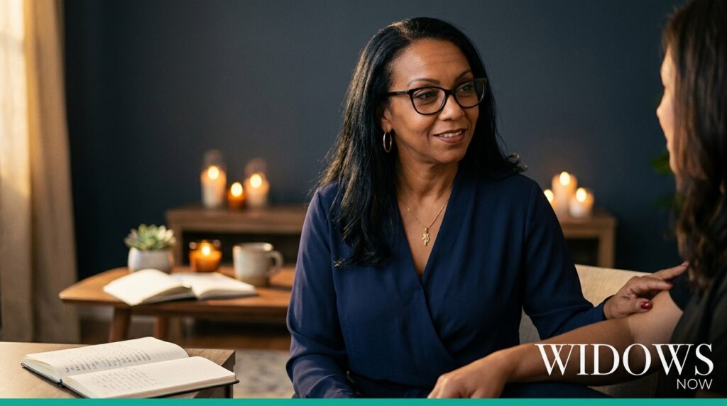 A woman with glasses warmly engages in conversation with another person in a cozy, candlelit setting, emphasizing support and connection.